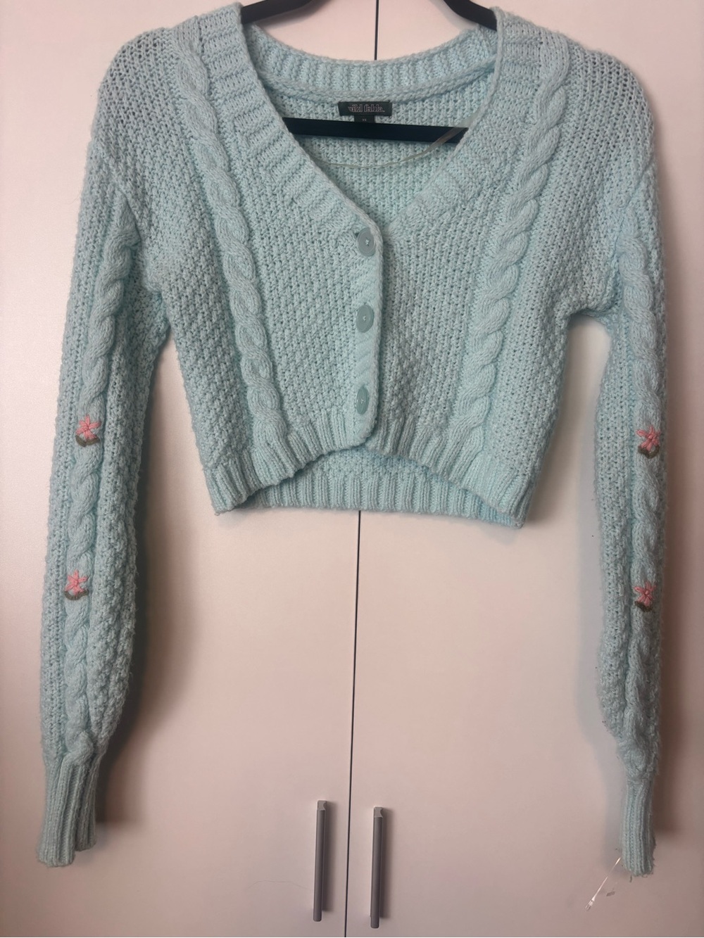 wild fable Mint Blue Cropped Cable Knit Cardigan with Pink Floral Details